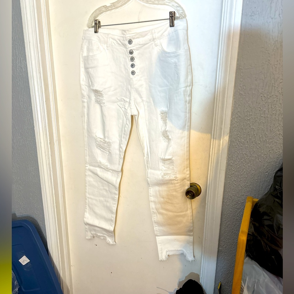 New Sidefeel Women Button Fly High Rise Distressed Ripped Skinny Denim Jeans